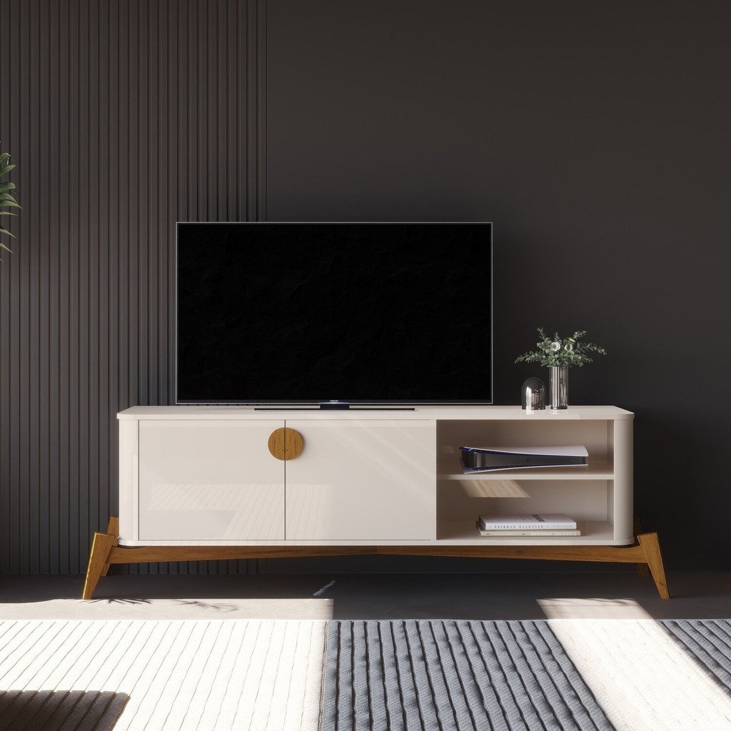 Rack para TV até 60 Polegadas MDF 154cm Pés em Madeira Maciça Puxador e Buriti Bege Offwhite Off White