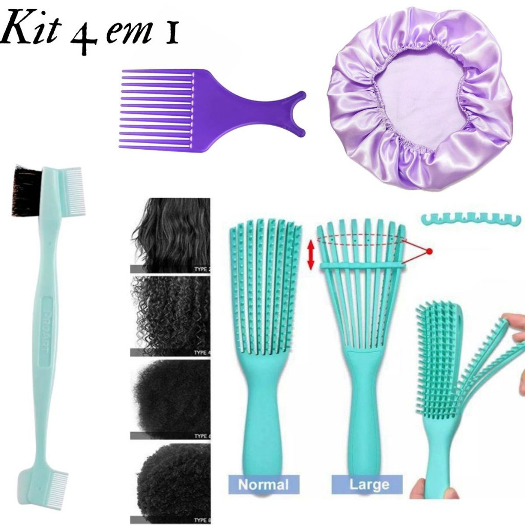 Kit Capilar Completo Cacheados Escova Polvo Touca Cetim Pente Garfo Baby Hair