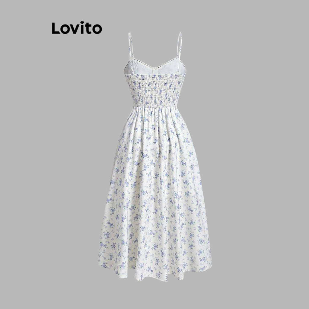 (Trendy) Lovito Vestido Casual Ditsy Floral Com Babados E Gola Drapeada Para Mulheres L88AD196 em Oferta na Shopee