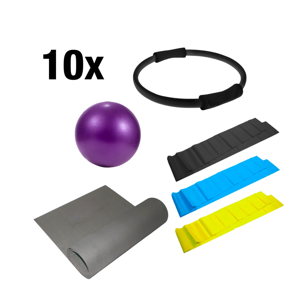 10 Kits Pilates Com Overball + Anel de Pilates + Tapete 1,20m + Faixa Elásticas 3 Intensi…