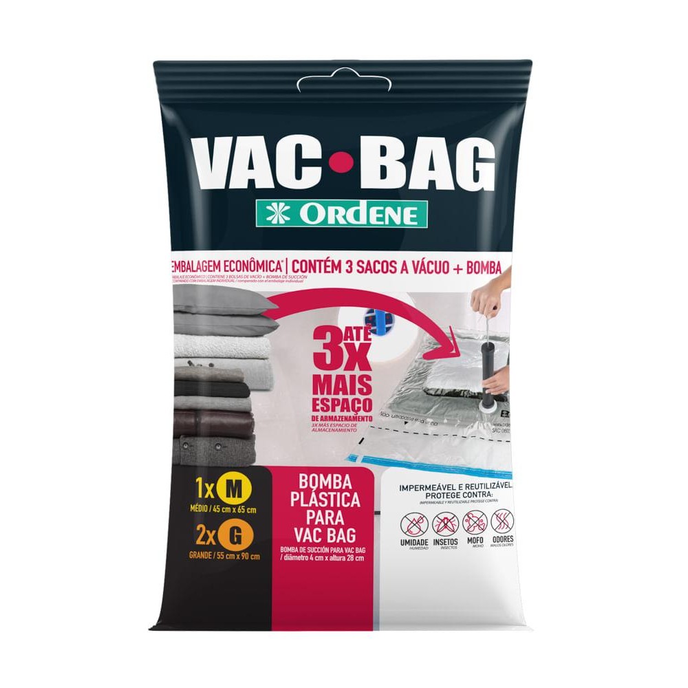 Kit de Saco a Vácuo Organizador 1 Médio + 2 Grandes Transparente Vac Bag Ordene + Bomba de Ar