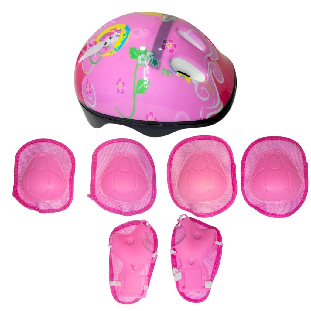 Kit Proteção Completo Segurança Infantil 7 Peças Capacete Joelheira Cotoveleira Com Desenho Meninas