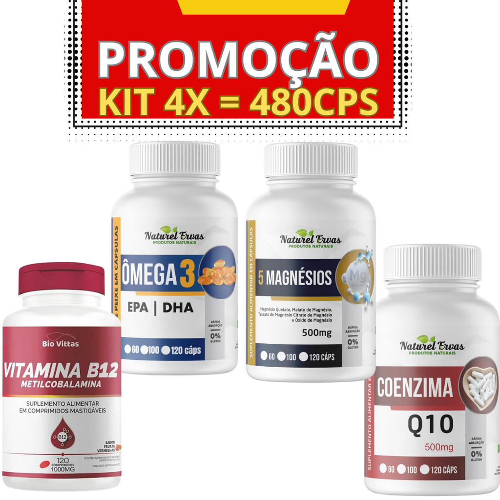 Kit Completo: B12 + Ômega 3 + Coenzima Q10 + 5 Magnésio -  total 480 cps