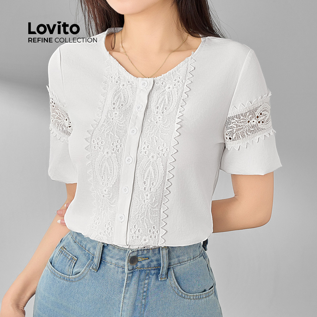 (Lovito Refine) Blusa Casual com costura em tecido liso e bordado com ilhós para mulheres LR7ED086 - Women Clothes