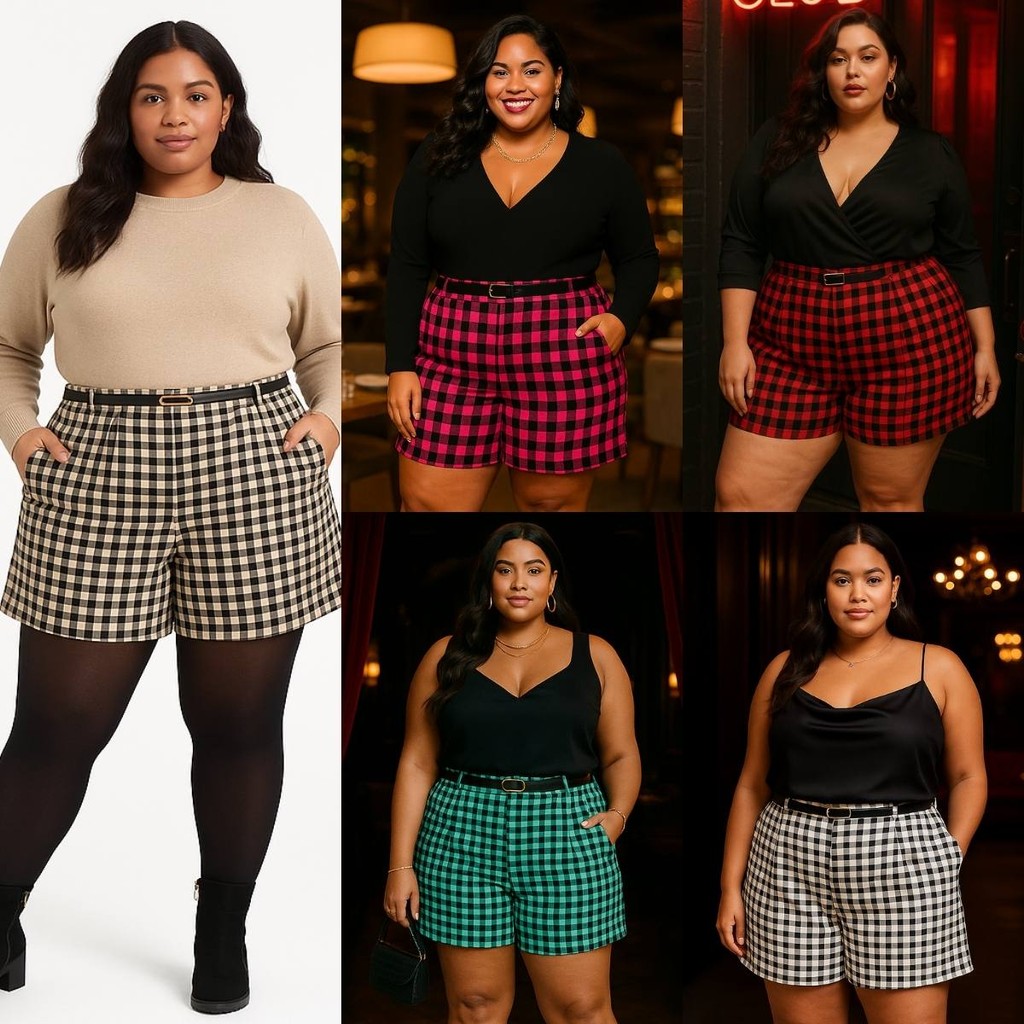 Short Xadrez Feminino Alfaiataria Plus Size com Cinto G1 G2 G3 G4