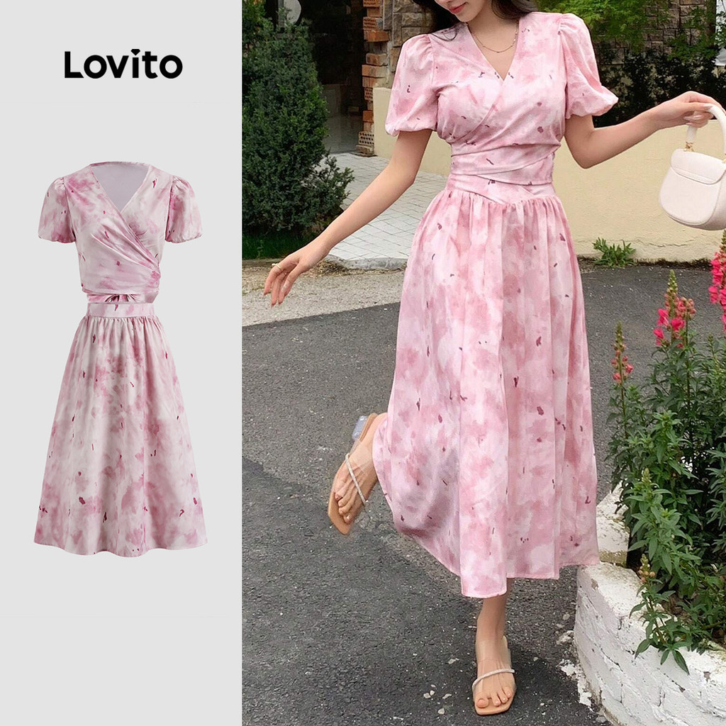 Lovito Feminino Casual Floral envoltório estrutura linha mangas bufantes Tops ou Bottoms L...