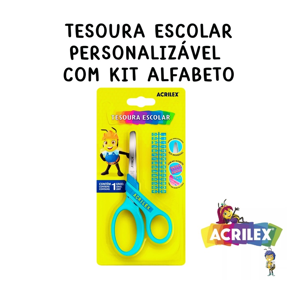 Tesoura Escolar com Kit Alfabeto Azul ou Rosa Acrilex em Oferta na Shopee