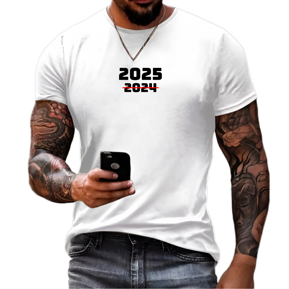 Camisa Camiseta Básica Confortável Branca Masculina Ano Novo 2025 100% Algodão Camiseta Algodão Reveillon