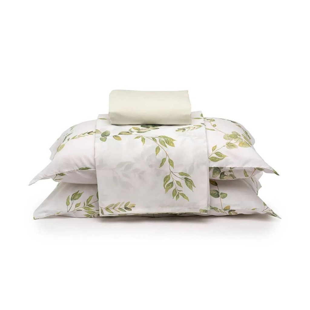Jogo De Cama De Casal 04 Peças Estampa Jardino Folhas 100% Algodão 150 Fios Kit Cama Tamanho Casal