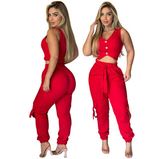 Conjunto Alfaiataria Feminino Calça Cargo e Cropped Fecho de Botões Modelo Blogueirinha Não Transparente Premium