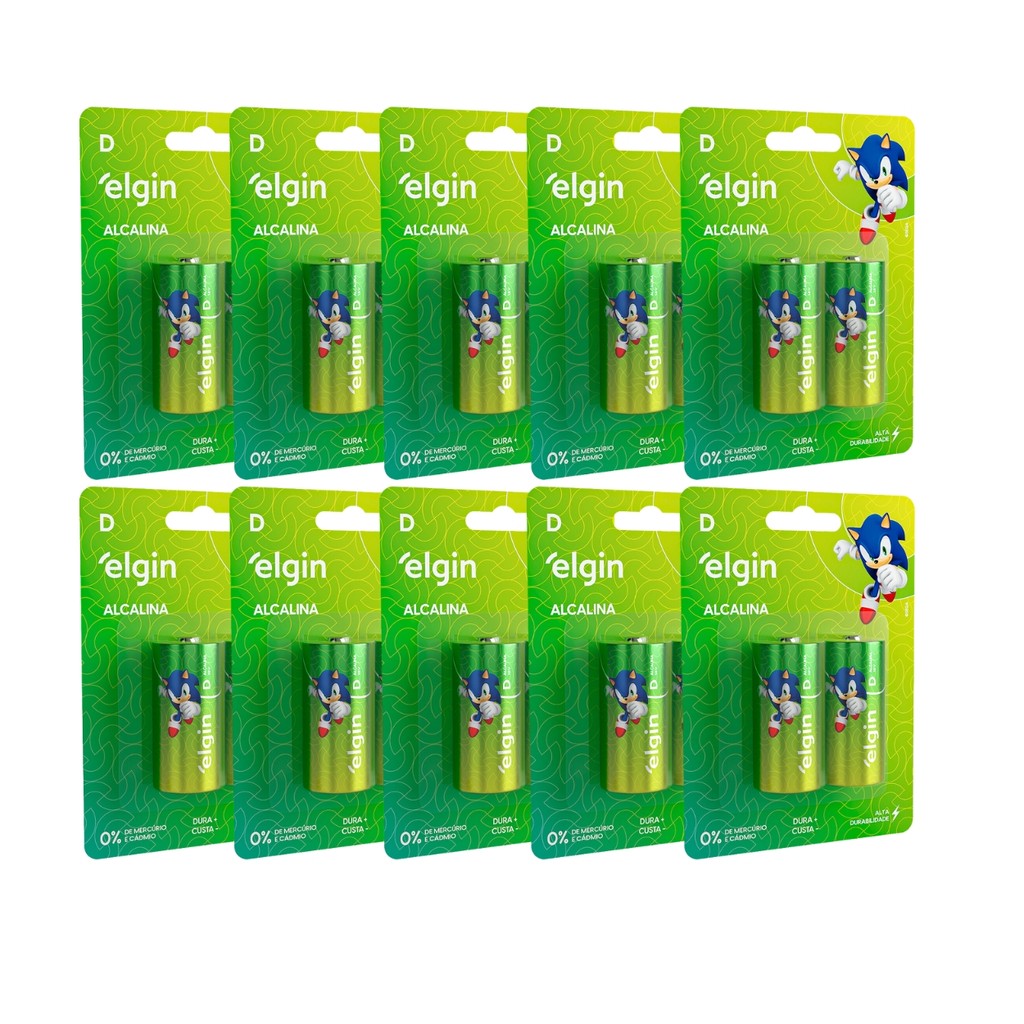 Kit 20 Pilha Alcalina D LR20 Grande Blister 10 Cartela Elgin