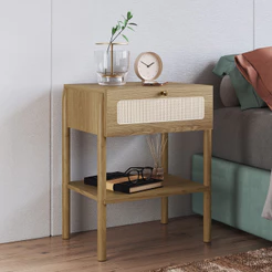 Mesa de Cabeceira 01 Gaveta com Telinha Pés Madeira Moss A03 Hanover Roble - Lyam Decor