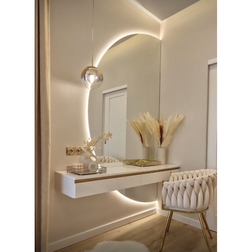 Espelho Orgânico Luz Led Meia Lua de Vidro  Lapidado Para Banheiro Quarto  Sala