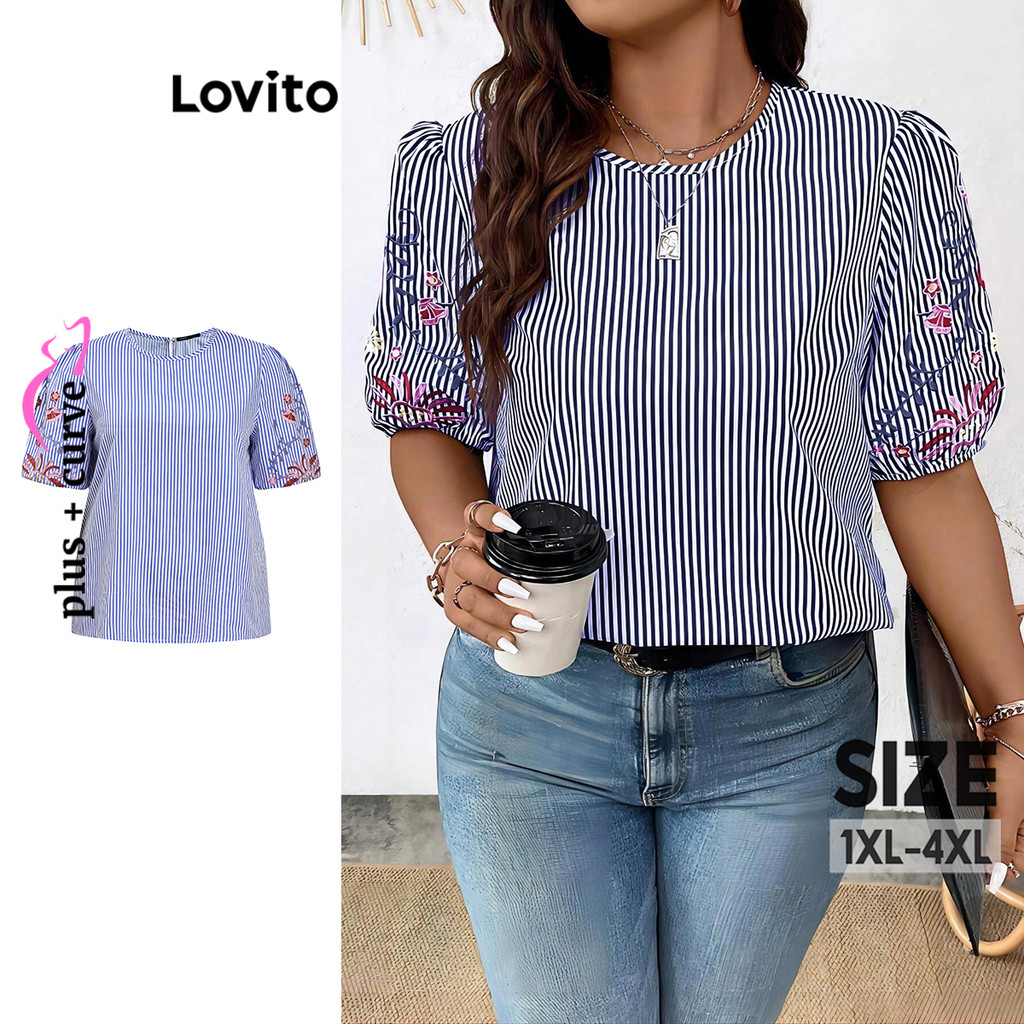 Lovito Blusa Curva Plus Size Casual Com Apliques Florais Para Mulheres LBL18314 - Women Clothes