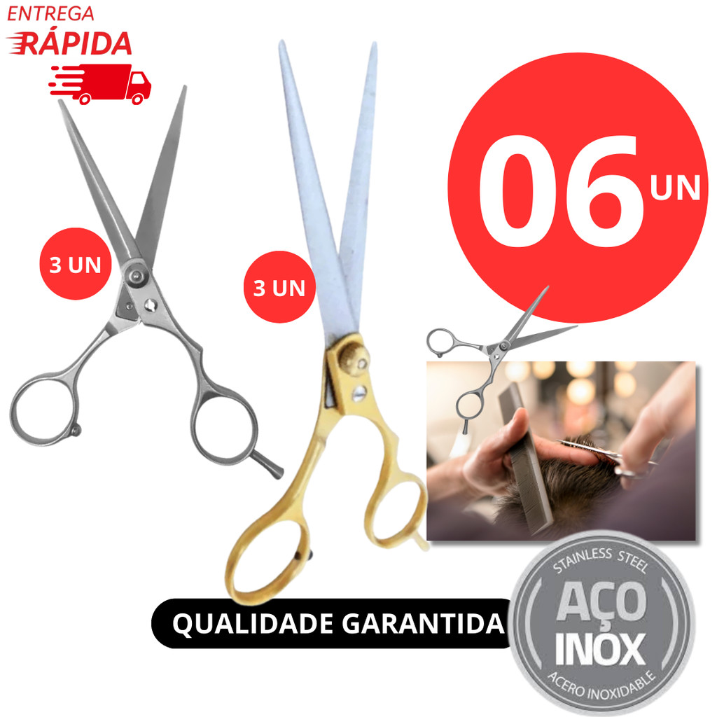 KIT 6 Tesoura Cabeleireiro Profissional 6" Aço Inoxidável Barbearia e Salão