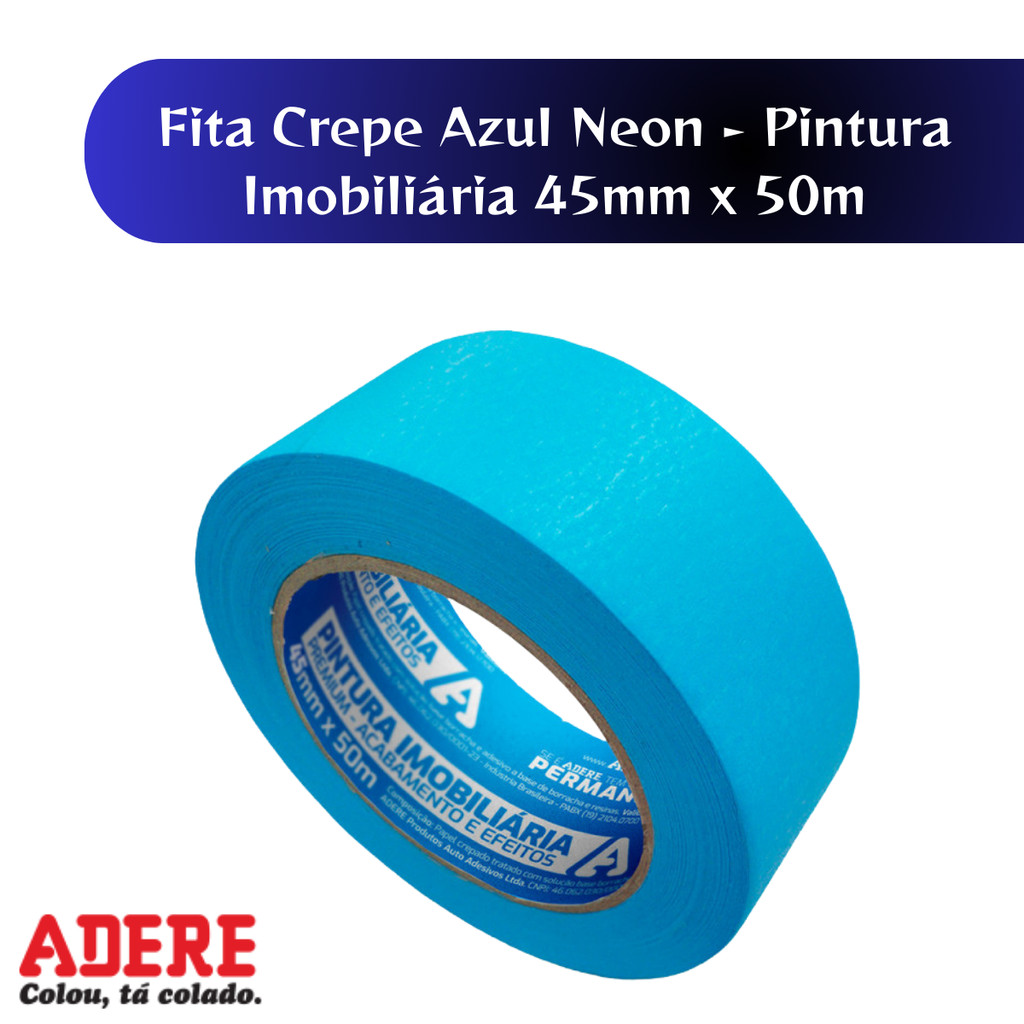 Fita Crepe Pintura Imobiliária Azul Neon Premium 45mm X 50m Adere