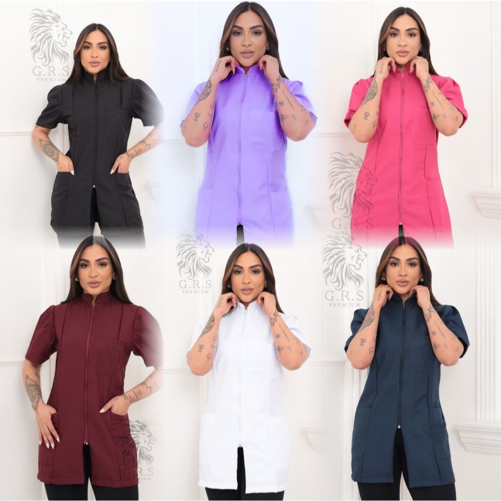 Jaleco Feminino Manga Curta Bufante Princesa Acinturado Com Zíper Várias Cores