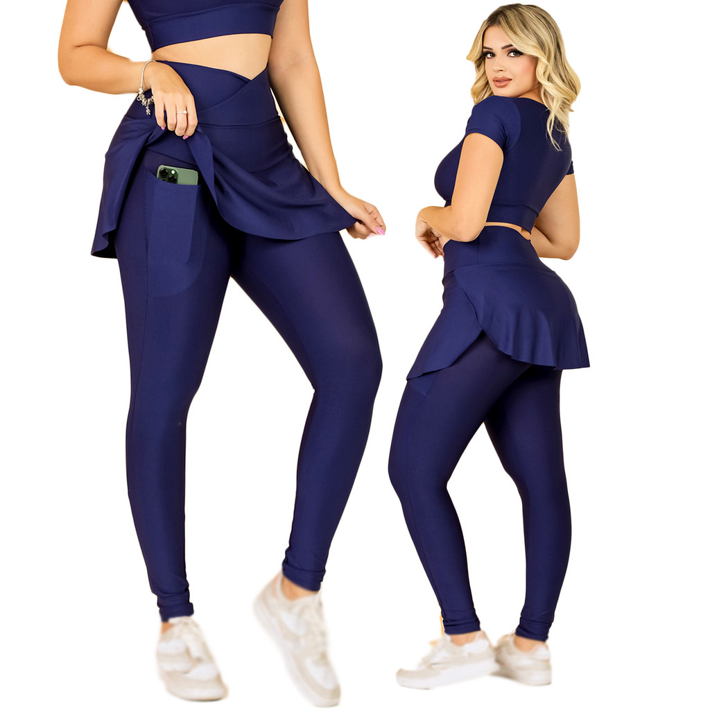 Calça Fitness Com Saia Moda Evangélica Feminina  Academia Corrida Esporte Com Bolso Lateral