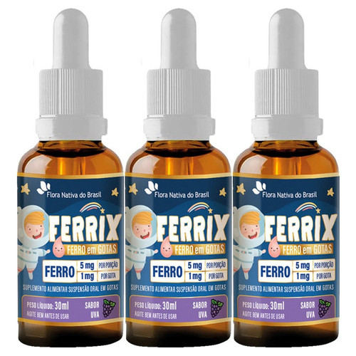 Ferro Em Gotas Ferrix Kids 3 X 30ml Flora Nativa Sabor Uva