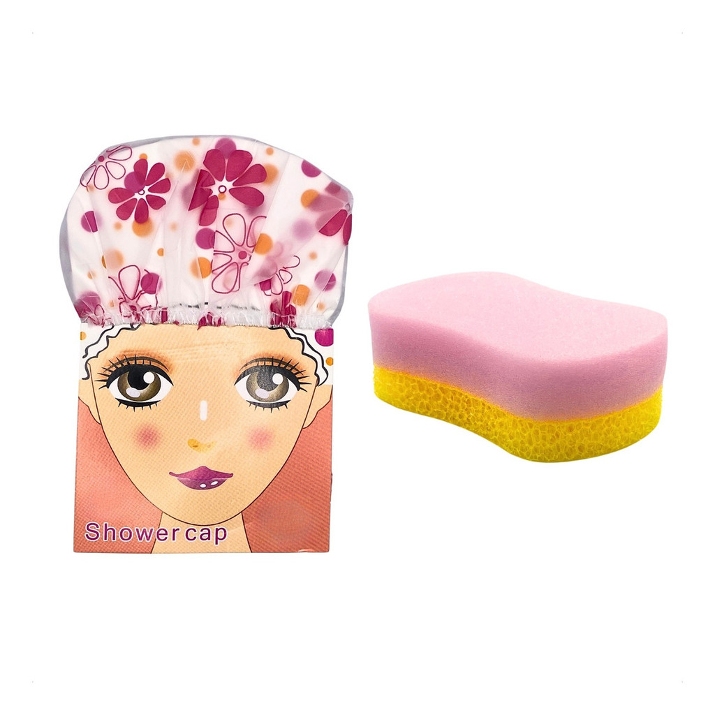 Kit Higiene Esponja Banho Espuma Dupla Face Touca Banho Pvc