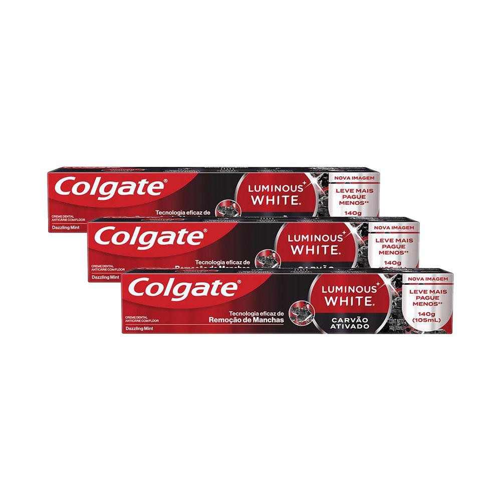 Kit 3 Cremes Dentais Colgate Luminous White Carvão Ativado 140g em Oferta na Shopee