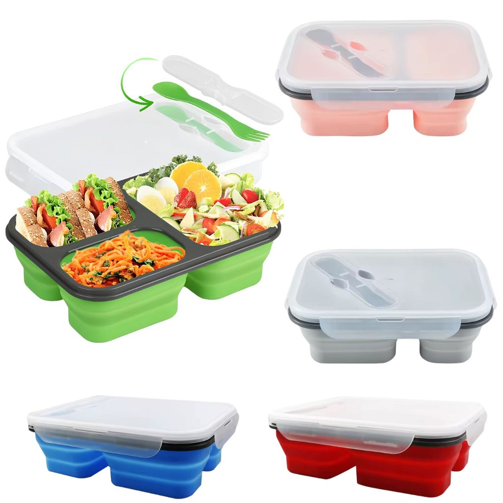 Pote Marmita Dobrável Silicone 1300ml Tampa Talher Divisórias Refeição p/ Viagem Freezer Micro-ondas Portátil Resistente