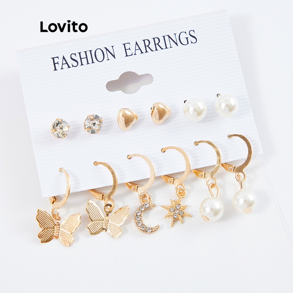 Lovito 6 Pares de Brincos Casuais De Pérolas De Strass L26LD109 (Ouro) - Fashion Accessories