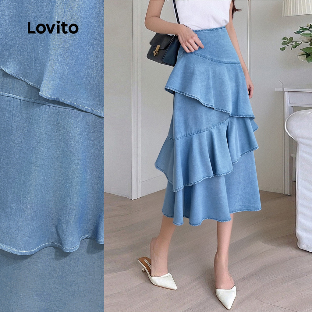 Lovito Saias jeans assimétricas casuais com babados lisos para mulheres L131LD1213 - Women Clothes