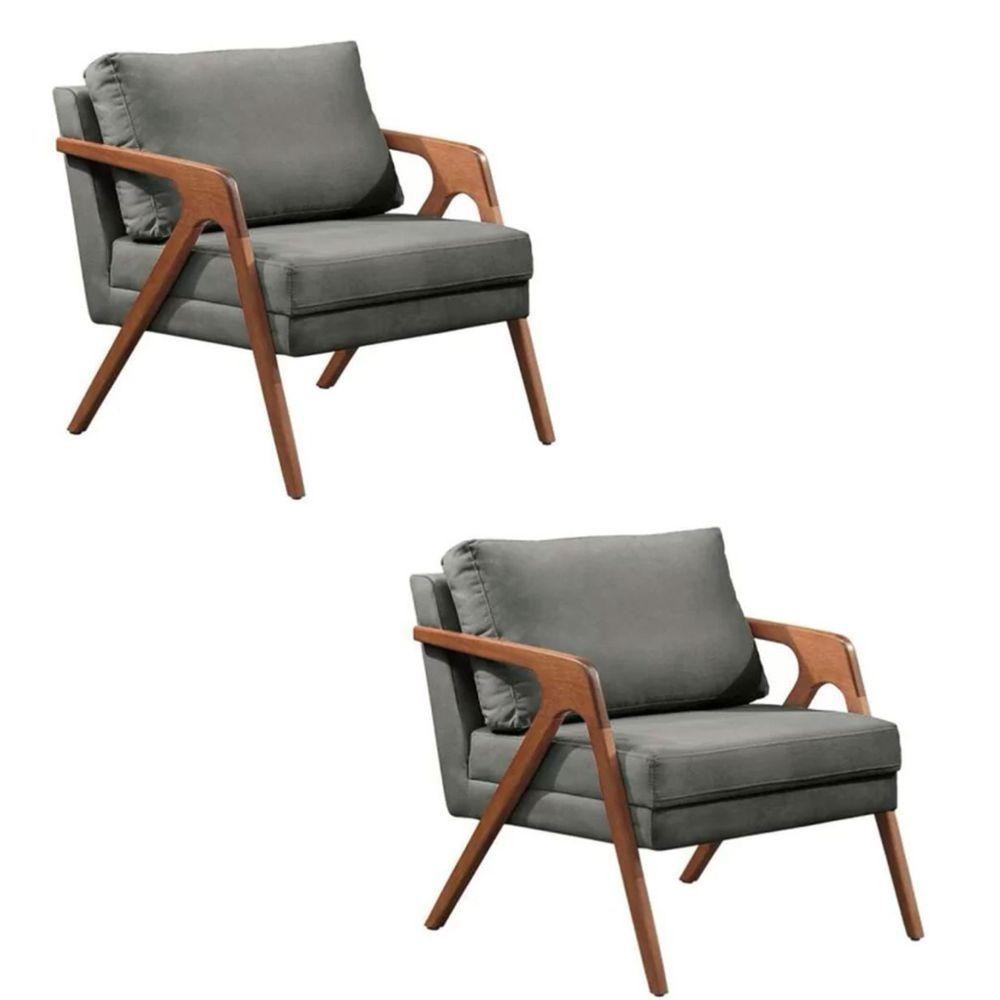 Kit 2 Poltronas Decorativa Mona Luxo Linho Cinza Base Madeira Maciça - Home & Living