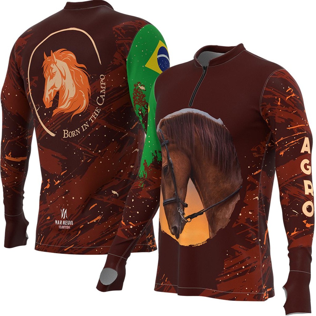 Camiseta de Pesca Masculina Proteção Solar UV Premium Sublimada Agro Horse - Mar Negro