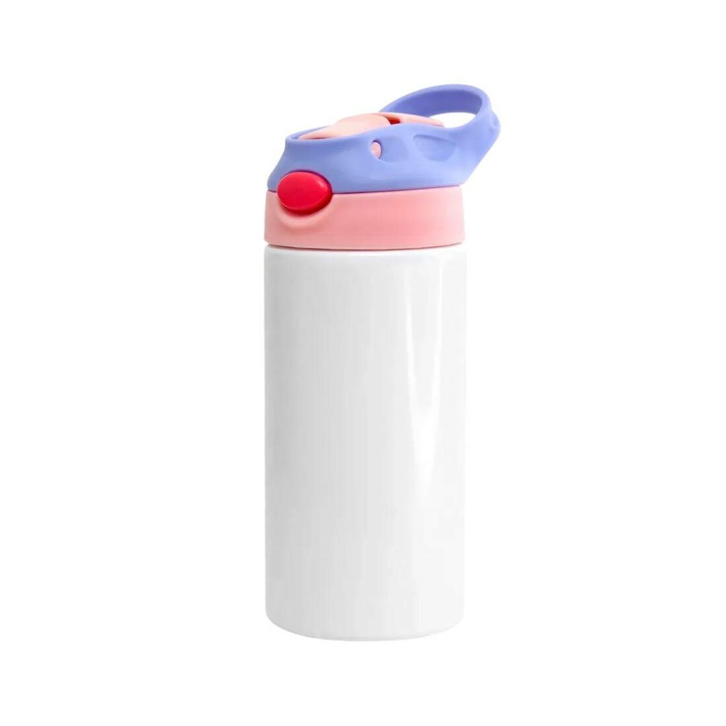Squeeze Térmico de Inox Branco Infantil com Bico Automático, Tampa Rosa e Alça Roxa para Sublimação - 350ml