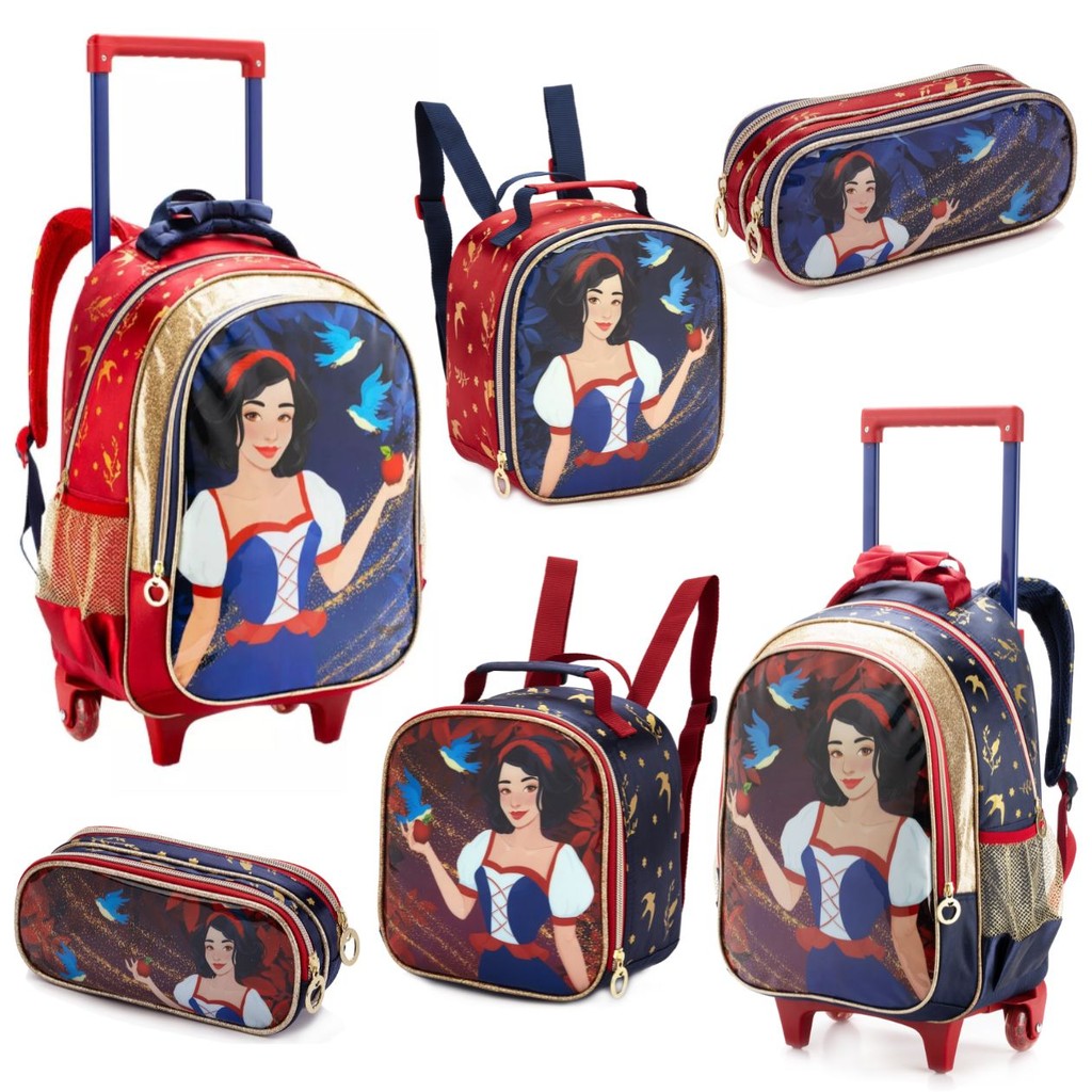 Kit 3 Peças Mochila Estojo Lancheira Infantil Escolar Menina Rodinha Princesa Morena