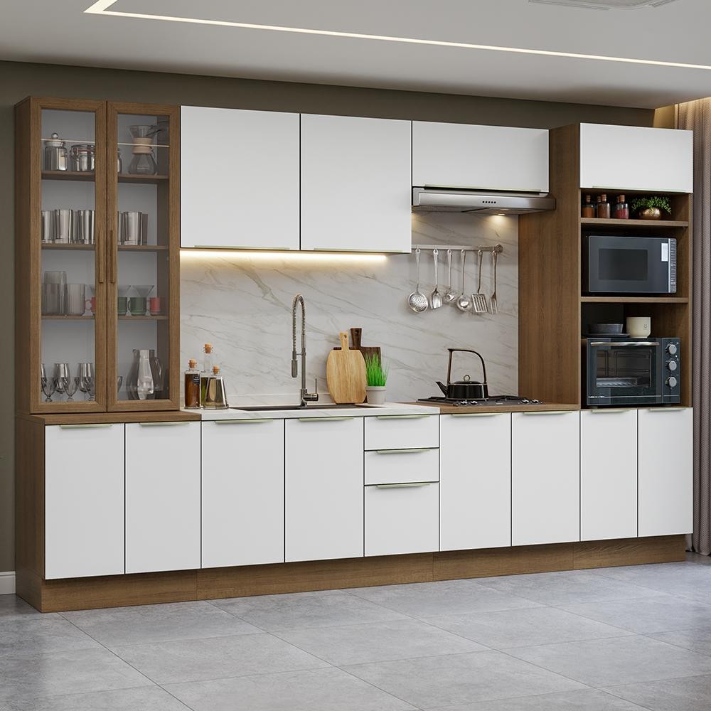Armário de Cozinha Completa 340cm Rustic/Branco Veludo Lux Madesa 02 - Home & Living