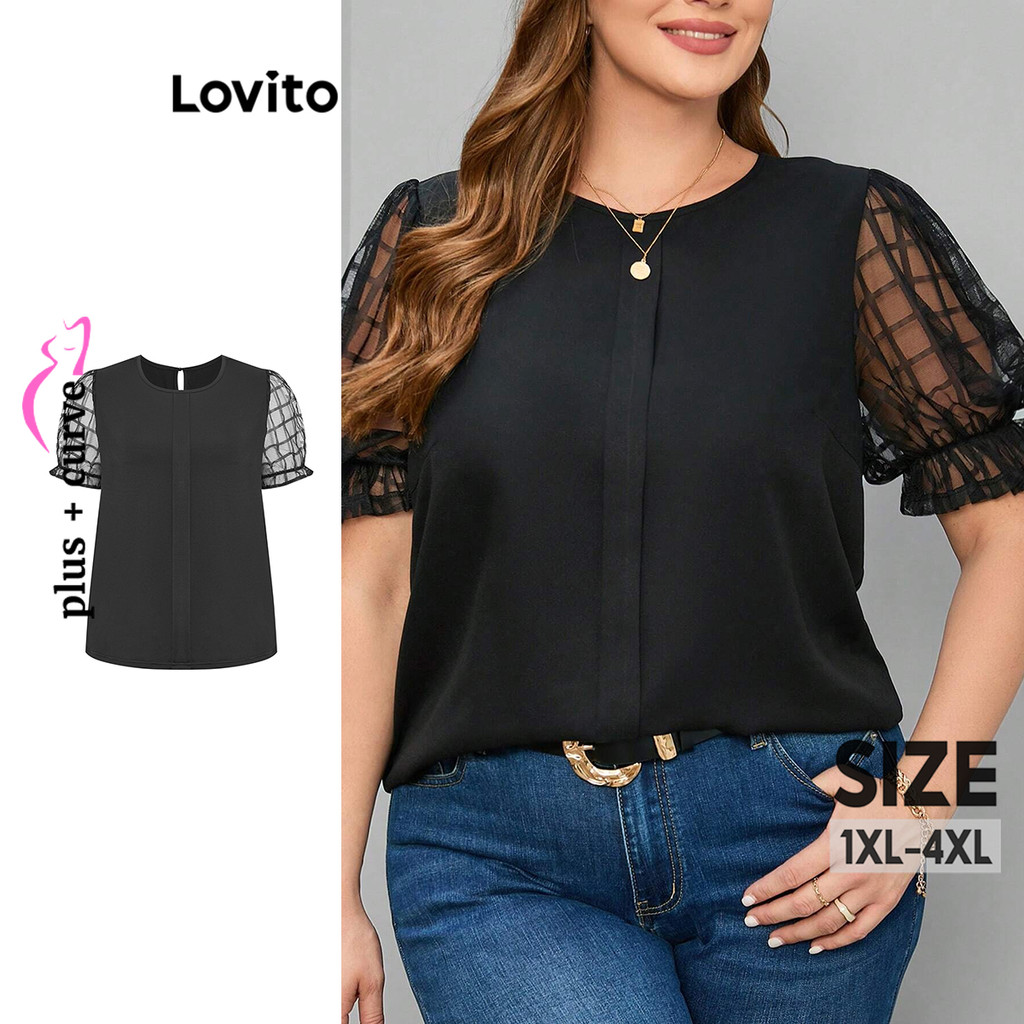 Lovito Camiseta feminina plus size curva elegante de malha lisa e contrastante LBL15241 - Women Clothes