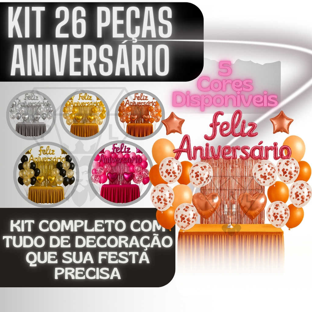 Kit 26 Pcs Balão Feliz Aniversario Cortinas Bexigas Festa Decoração Enfeite Happy Birthday — imagem 2 de 2