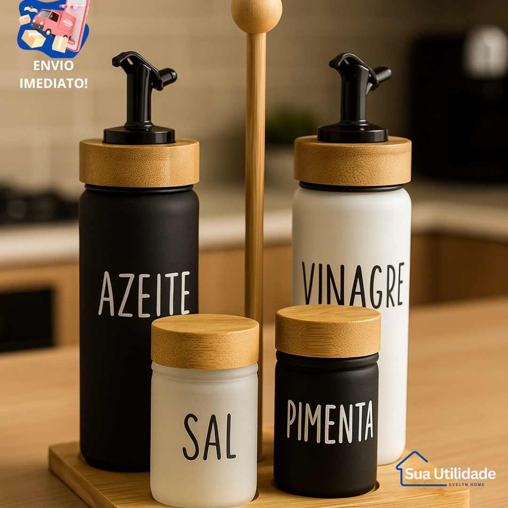 Kit Galheteiro De Vidro Com Suporte Em Bambu Para Azeite Vinagre Sal Pimenta Saleiro Pimen...