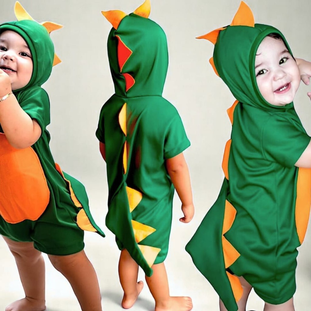 Fantasia Dinossauro Infantil Verde Macacão Curto Roupa de Menino Pijama Kigurumi Pronta Entrega
