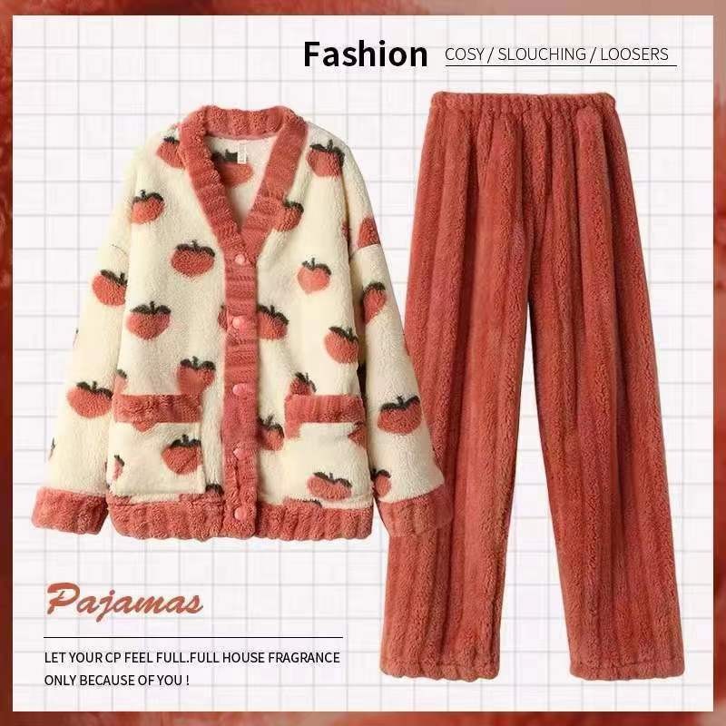Pijama De Inverno De Flanela Adulto De Pelúcia Pessego Cereja Em Veludo Coral De Outono No...