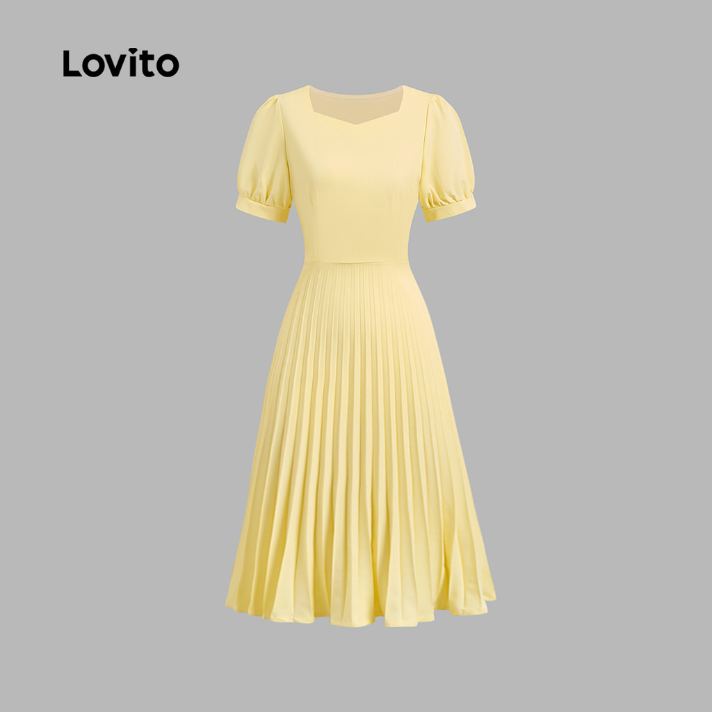 Detalhes do Lovito Vestido Casual liso plissado para mulheres L131ED354