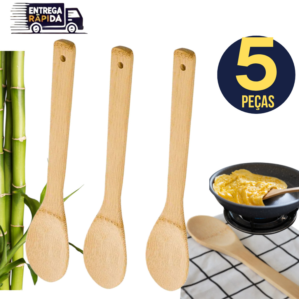 Jogo Conjunto Kit 5 Colher De Bambu 30cm Madeira Bamboo Pau Para Cozinha Multiuso Variáveis Utilidades