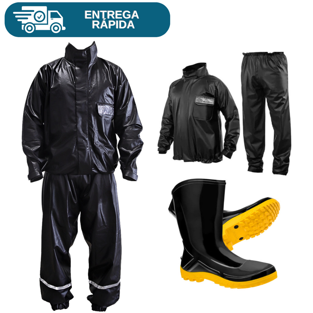 Conjunto Roupa Chuva Motoqueiro PLT + Bota Pvc Solado Amarelo Motociclista Motoboy Impermeável