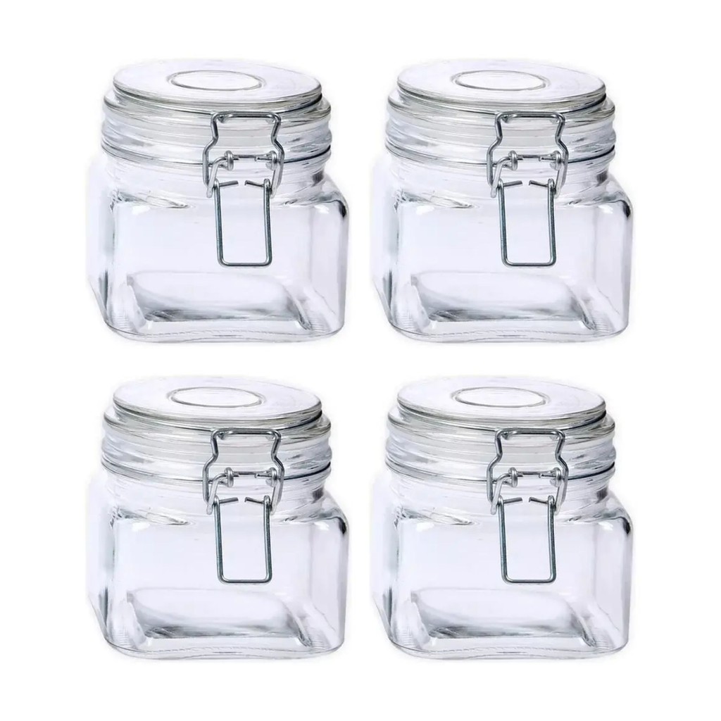 Kit 4 Pote De Vidro Vedação Hermético Quadrado C/ Travas Presilhas 460ml Design Sofisticado
