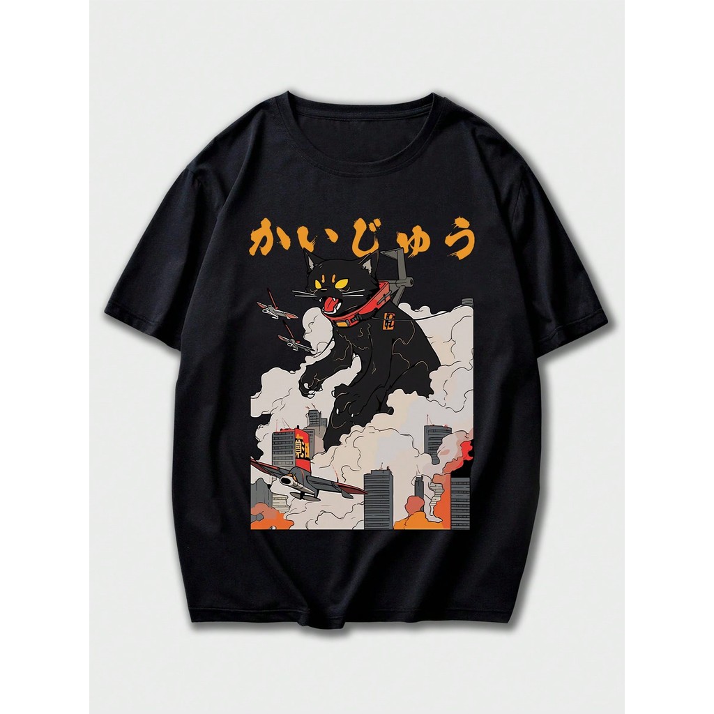 Camiseta masculina com estampa de letra e figura japonesa, Camiseta Masculina Oversized Camisa Streetwear