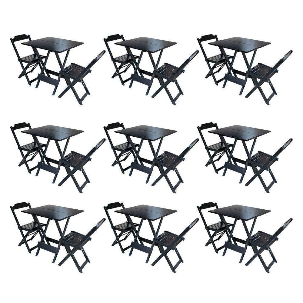 Kit 9 Conjuntos De Mesa Dobravel Com 2 Cadeiras De Madeira 70X70 Para Restaurante E Bar - Preto