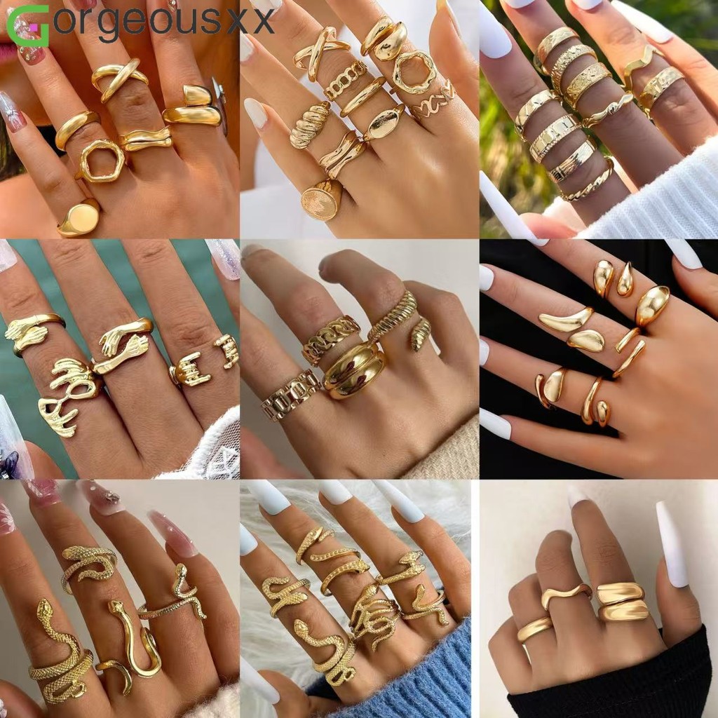 Conjunto De Anel Geométrico Dourado Punk Vintage Para Mulheres , Amor , Coração , Cobra , Anéis Ondulados , Joias Femini em Oferta na Shopee