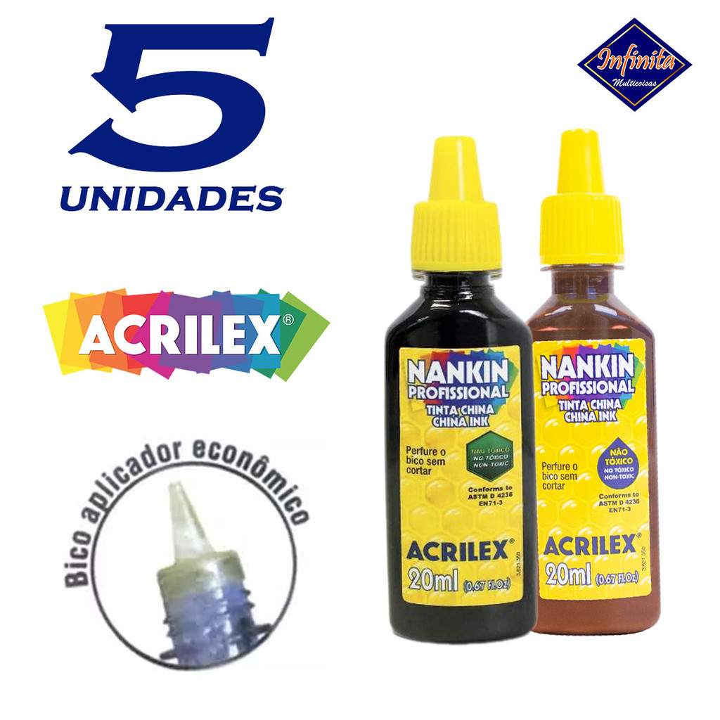 Kit 1 a 5 Tinta Nankin acrilex 20ml marrom preto nanquim profissional