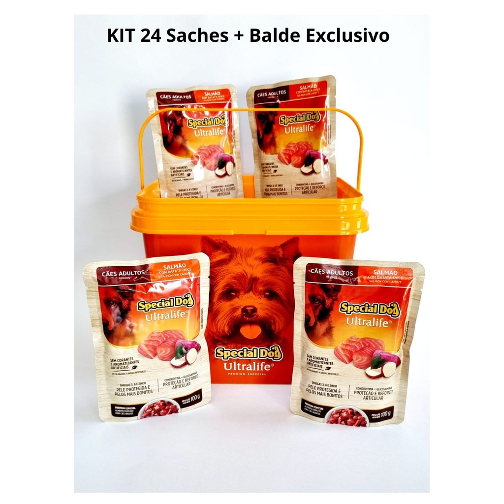 KIT C/ 24 UN Sache Special Dog Ultral Adultos Salmão + Balde