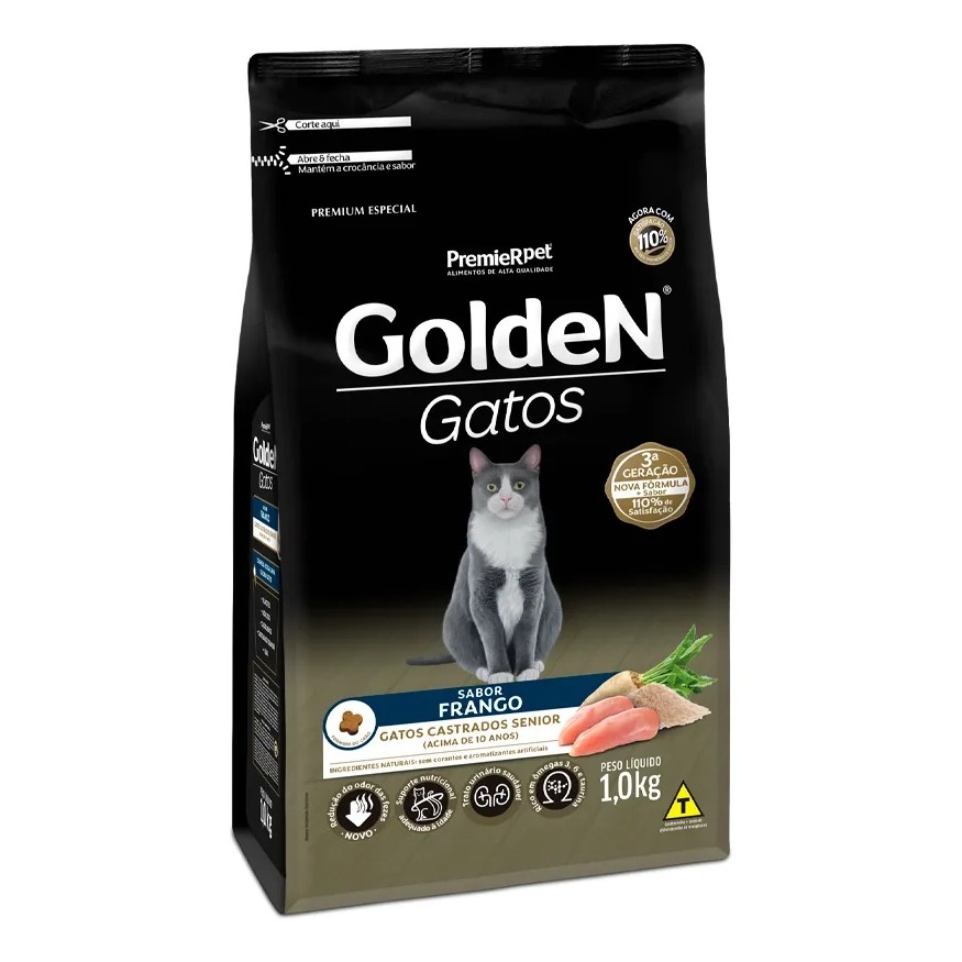 Ração Golden Premium Para Gatos Sênior Castrados Frango 1kg em Oferta na Shopee