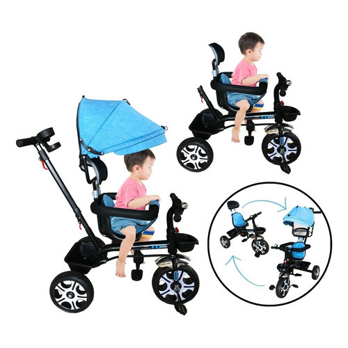 Triciclo Motoca Bicicleta 3 Rodas Infantil Passeio com Empurrador Pedal Capota Azul Brinqway Bw302Az