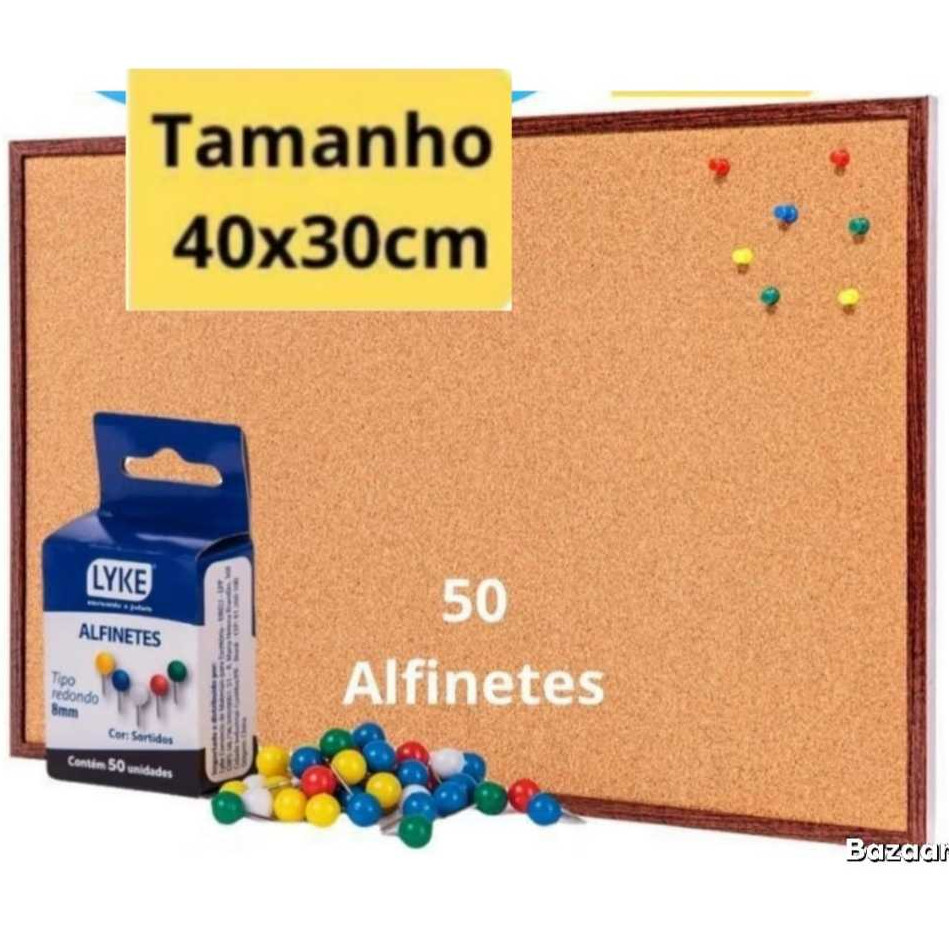 Quadro De Aviso Cortiça Moldura Madeira 40x30cm + 50 Alfinetes Mural Fotos Lembretes